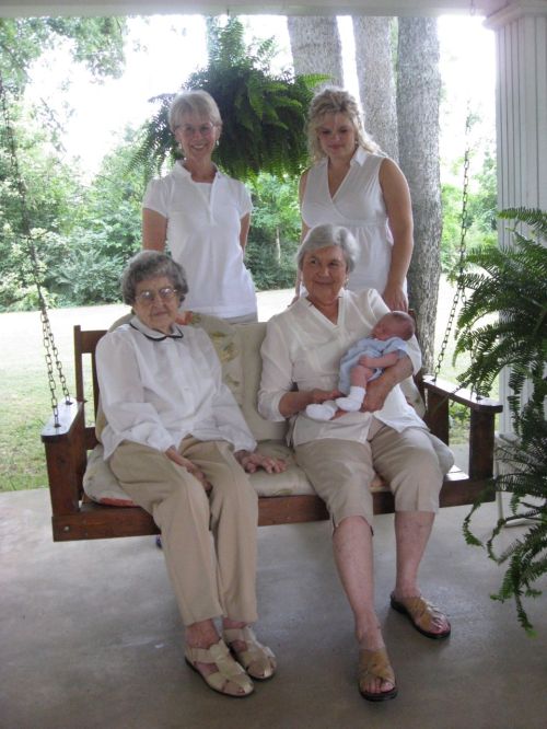 Five generations - Sitting: Ceacy Ruth Henderson Batey, Ceacy Batey Bradford holding William carter Sanford, standing: Ceacy Lee Bradford Welch, Becca Welch Sanford